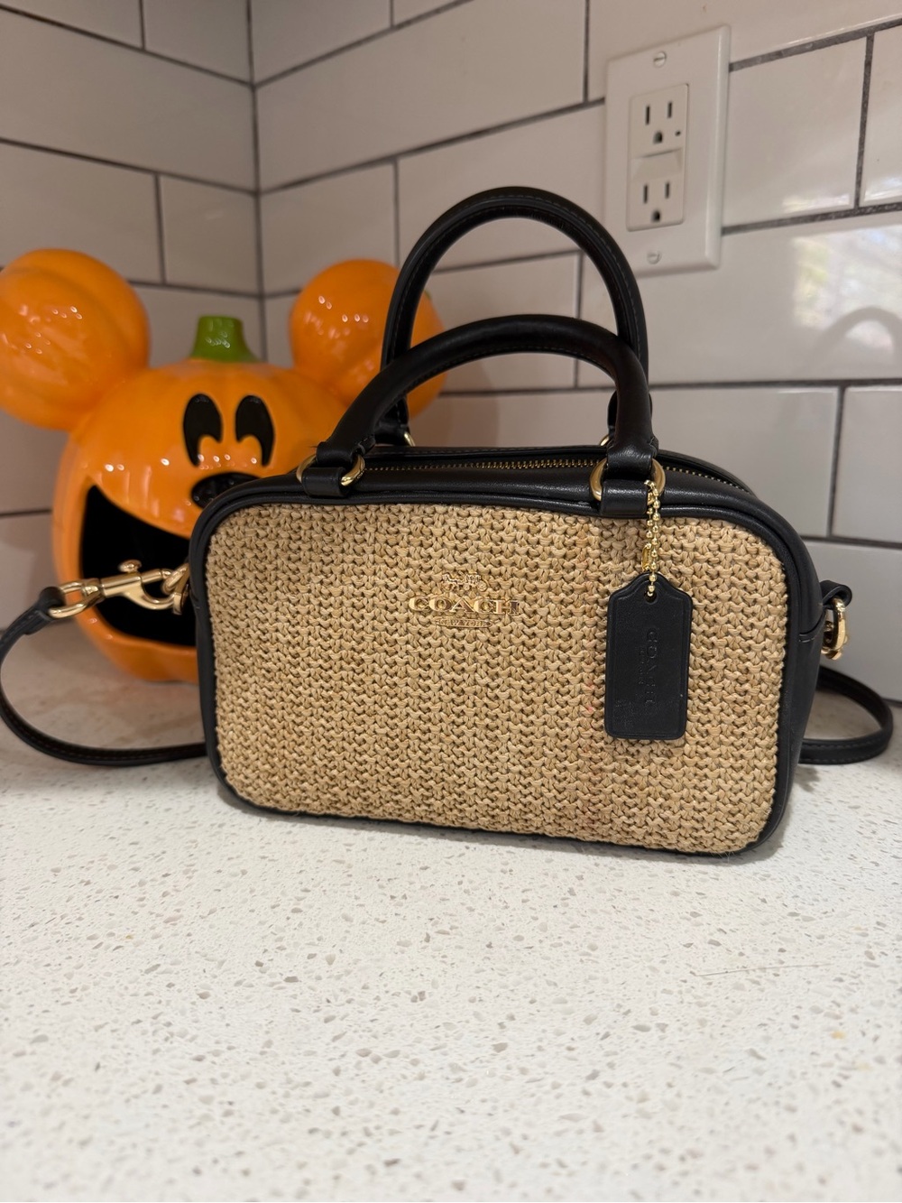 COACH Satchel Cross Body Toast/Black Straw Smooth Leather